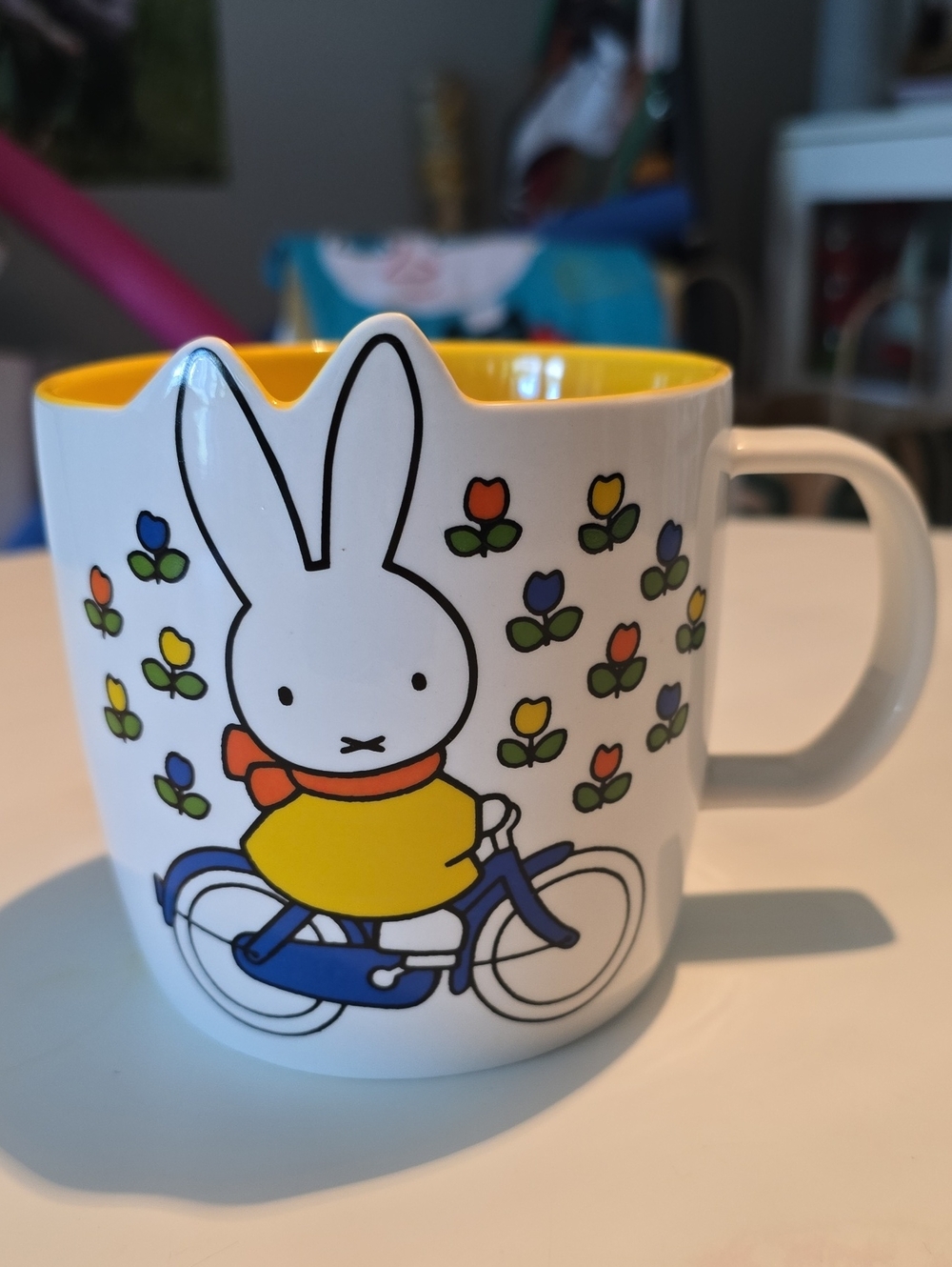 miffy White Ceramic Mug with Yellow Interior and Multicolor Flower Design